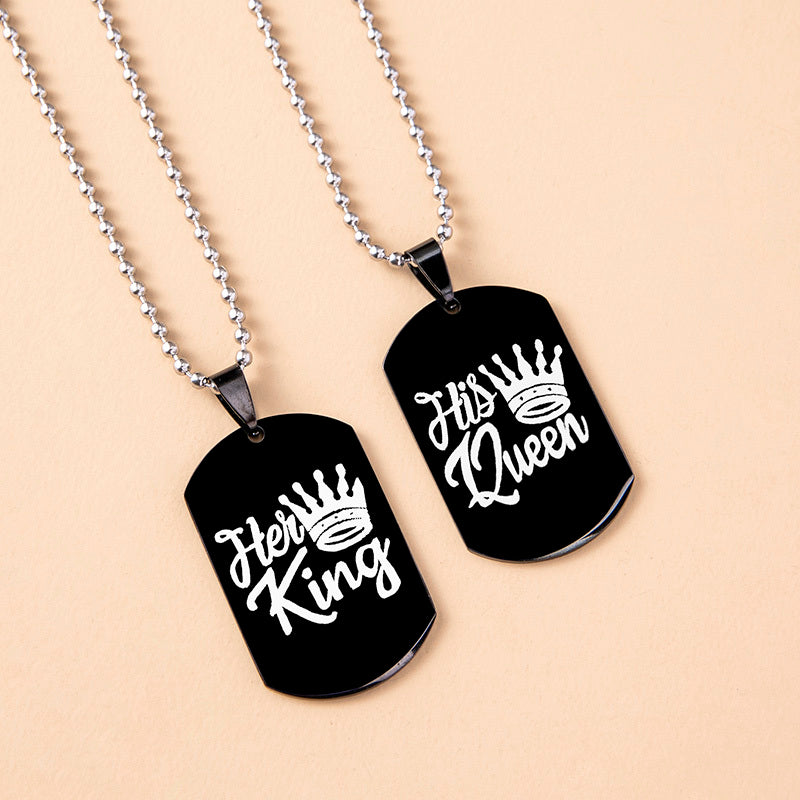 Hip Hop Her King His Queen Stainless Steel Dog Tags Couple Necklaces