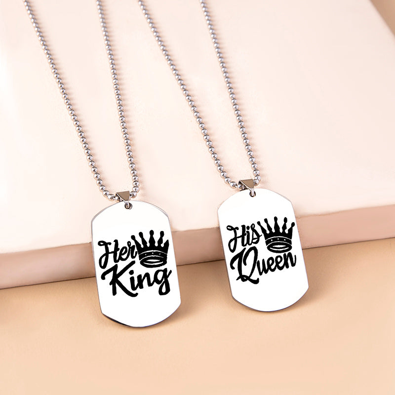 Hip Hop Her King His Queen Stainless Steel Dog Tags Couple Necklaces