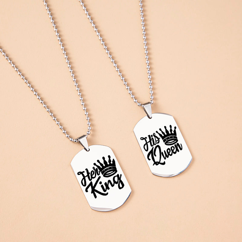 Hip Hop Her King His Queen Stainless Steel Dog Tags Couple Necklaces