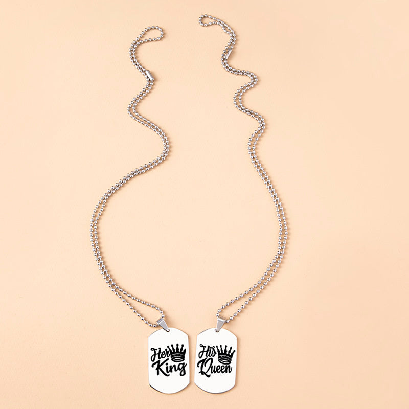 Hip Hop Her King His Queen Stainless Steel Dog Tags Couple Necklaces