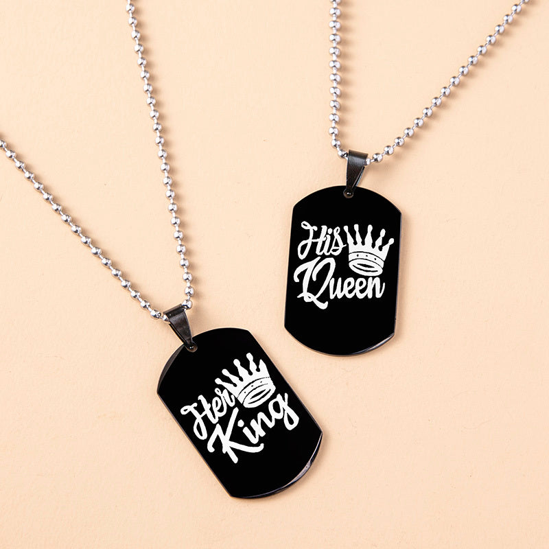 Hip Hop Her King His Queen Stainless Steel Dog Tags Couple Necklaces