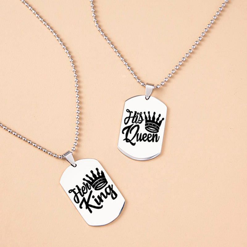 Hip Hop Her King His Queen Stainless Steel Dog Tags Couple Necklaces
