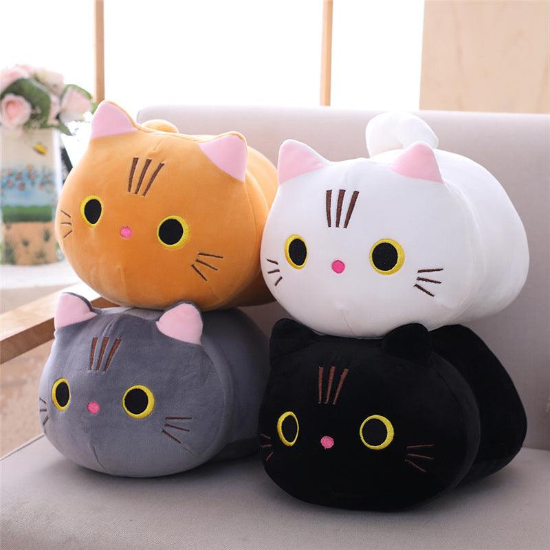Set of four chubby cat plush pillows in orange, white, gray, and black with embroidered faces, soft and round nap companions.
