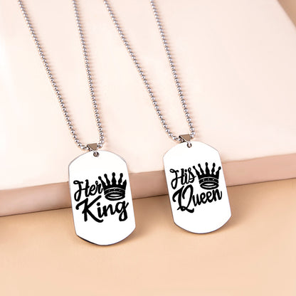 Hip Hop Her King His Queen Stainless Steel Dog Tags Couple Necklaces