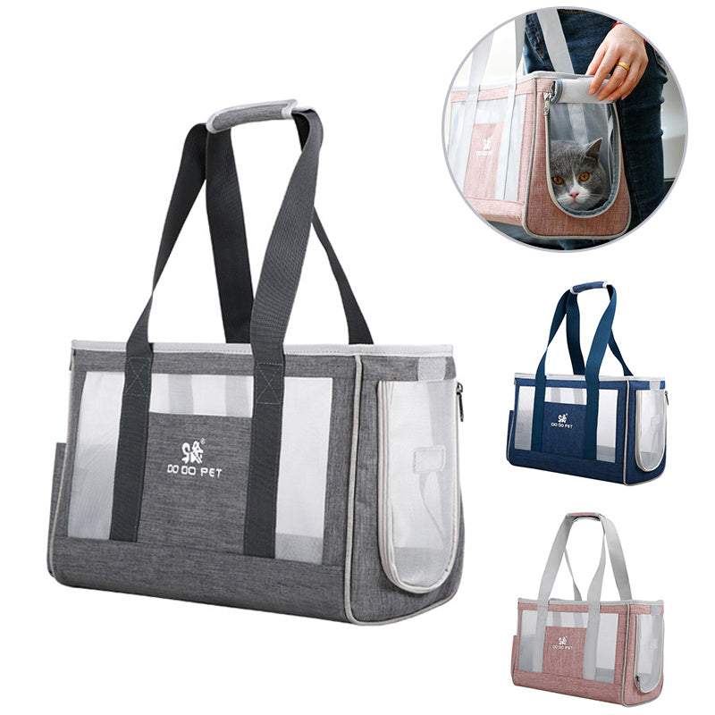 Portable pet cat bag with breathable mesh and durable Oxford cloth in gray, blue, and pink colors for puppies and kittens.