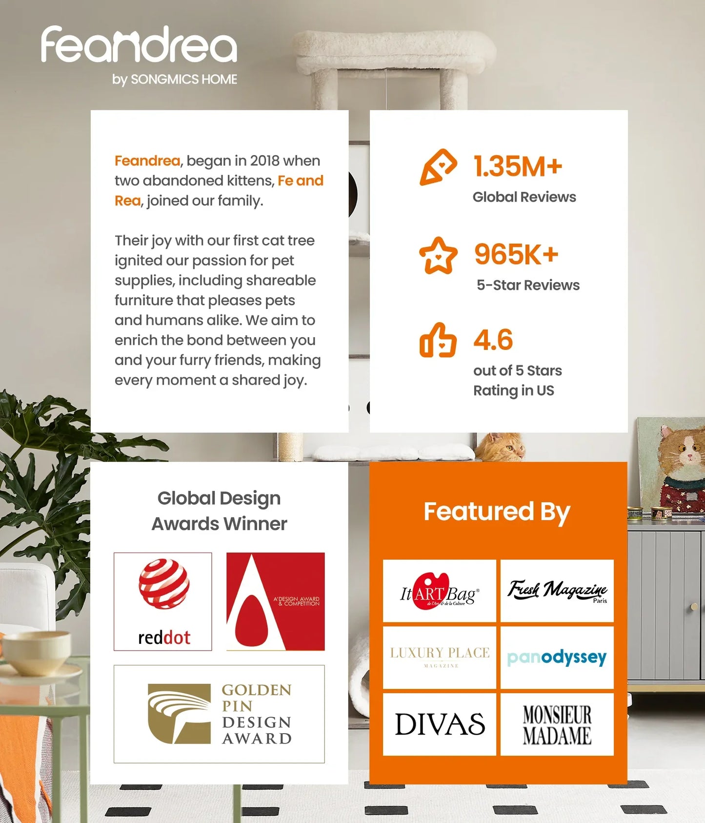 Feandrea 56.3-Inch Cat Tower for Indoor Cats, Multi-Level Cat Condo with 4 Scratching Posts, 2 Perches, Hammock, Cave