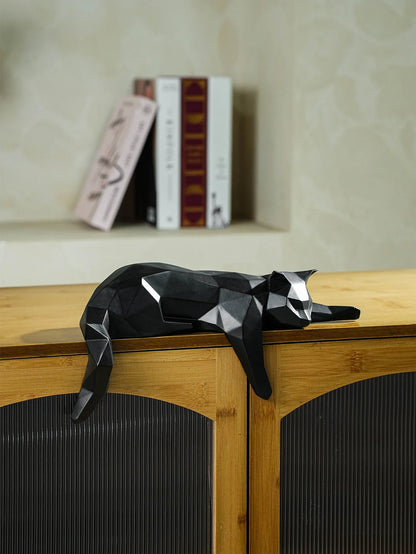 Geometric Black & White Cat Statue – Modern Resin Animal Sculpture for Home & Office Decor