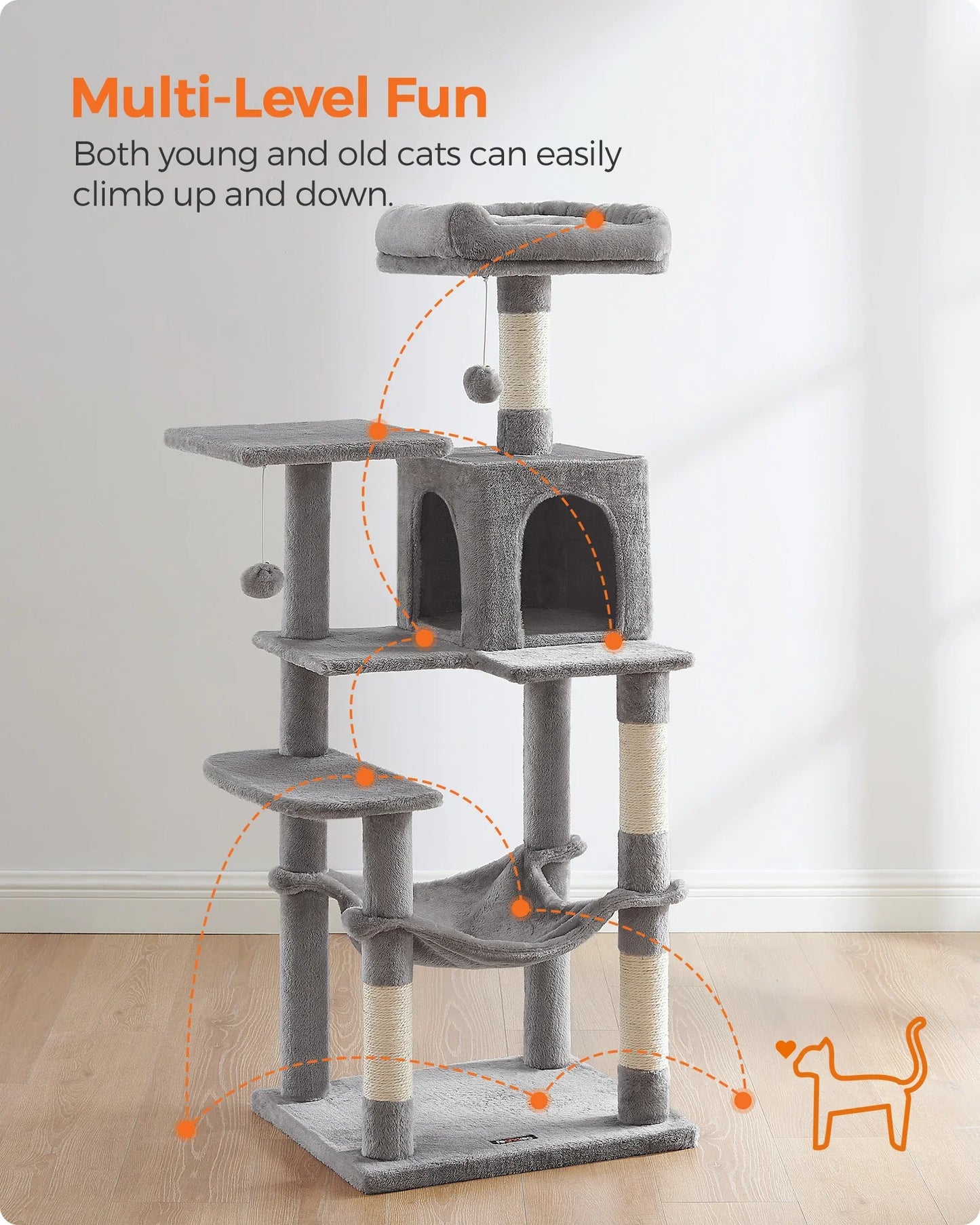 Feandrea 56.3-Inch Cat Tower for Indoor Cats, Multi-Level Cat Condo with 4 Scratching Posts, 2 Perches, Hammock, Cave