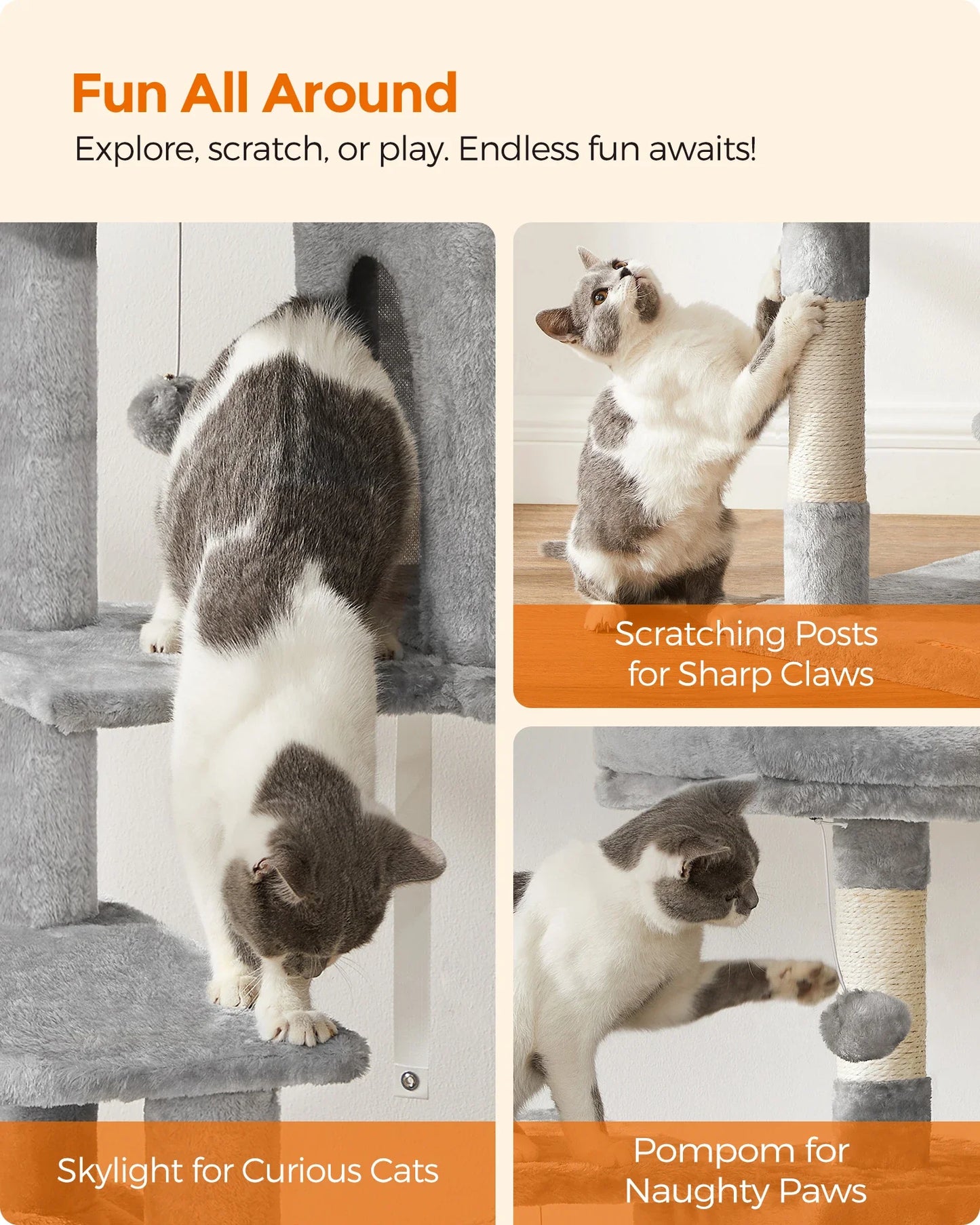 Feandrea 56.3-Inch Cat Tower for Indoor Cats, Multi-Level Cat Condo with 4 Scratching Posts, 2 Perches, Hammock, Cave