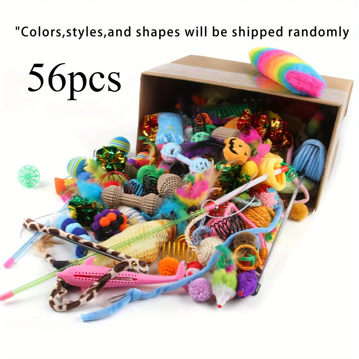 Cat Toys Mixed Pack - 56/28/14 Piece Plastic & Plush Variety Set