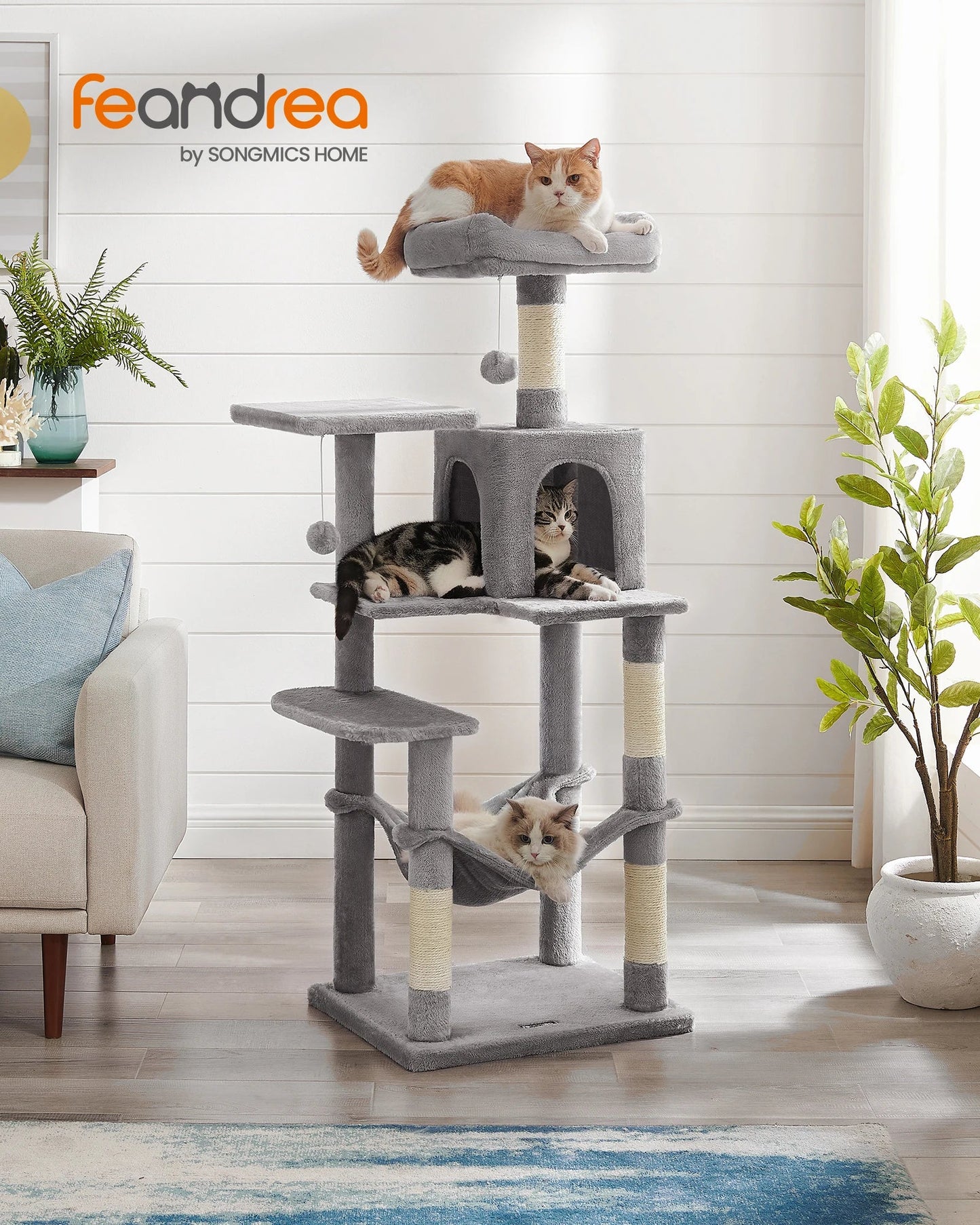 Feandrea 56.3-Inch Cat Tower for Indoor Cats, Multi-Level Cat Condo with 4 Scratching Posts, 2 Perches, Hammock, Cave