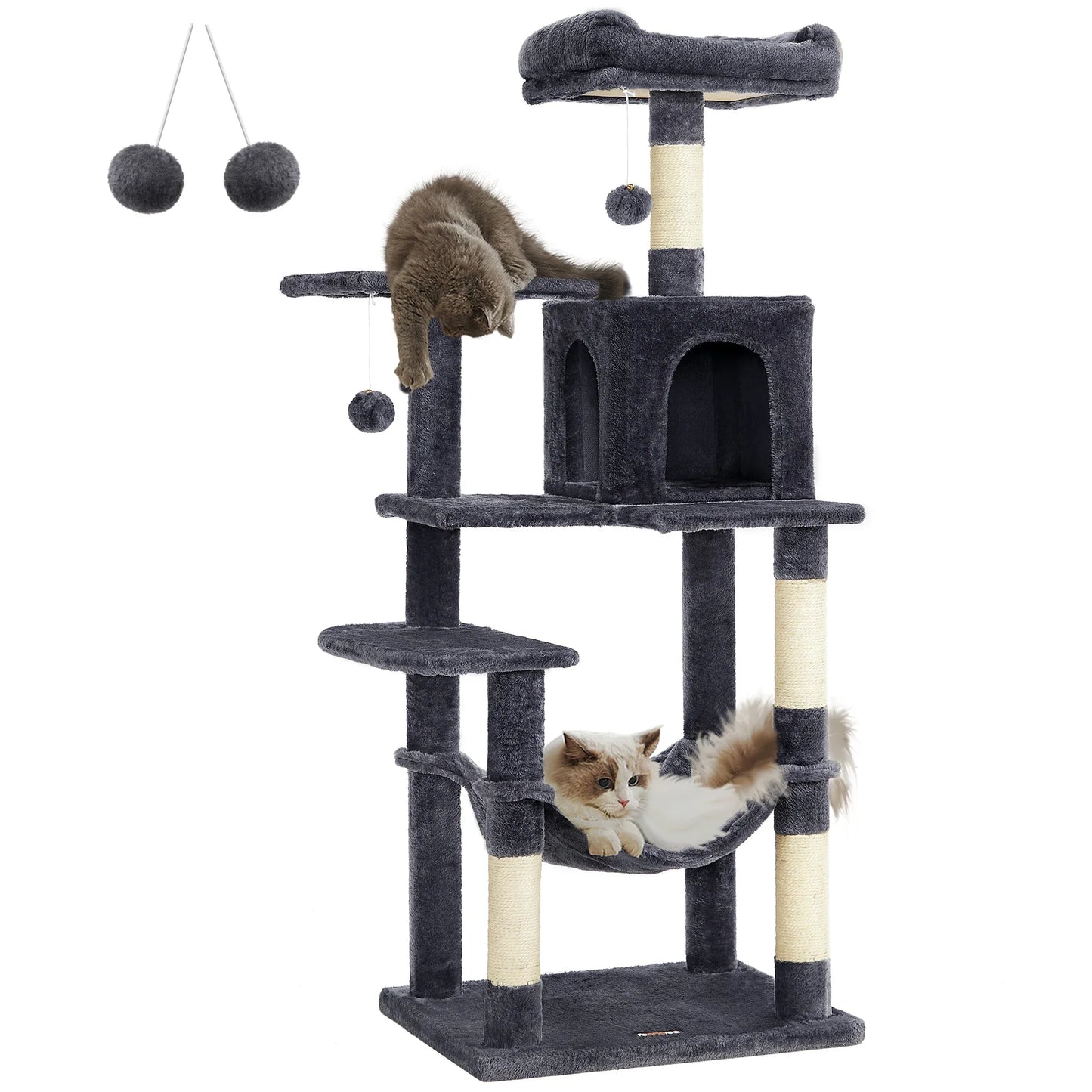 Feandrea 56.3-Inch Cat Tower for Indoor Cats, Multi-Level Cat Condo with 4 Scratching Posts, 2 Perches, Hammock, Cave