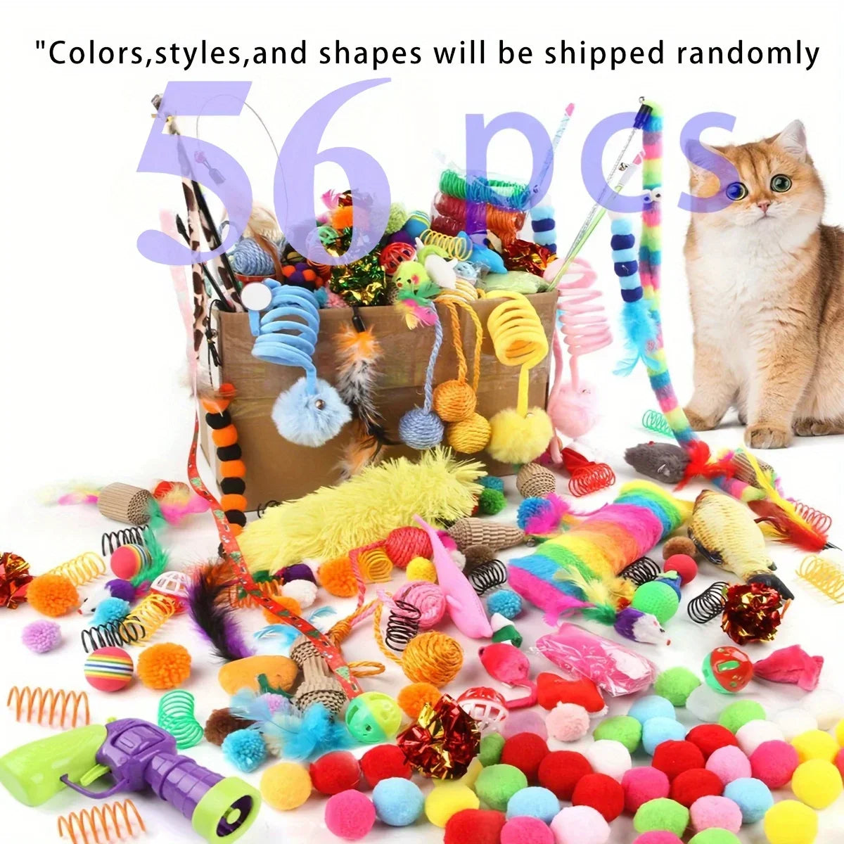 Cat Toys Mixed Pack - 56/28/14 Piece Plastic & Plush Variety Set