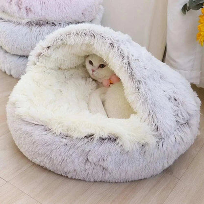 2-in-1 Cat Snuggle Cave plush bed with white cat inside, cozy and soft pet hideaway for Aussie cats