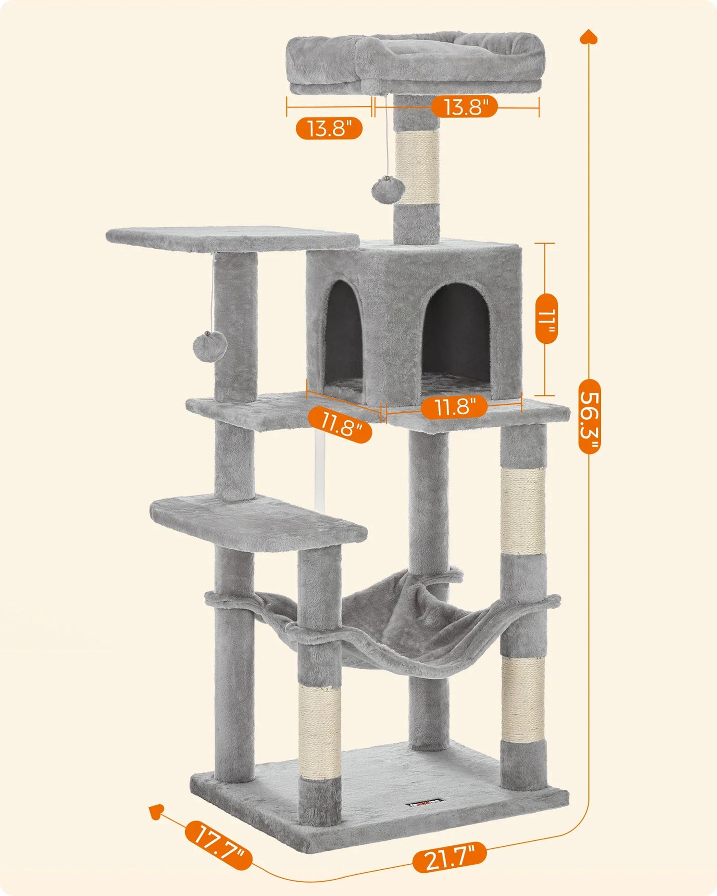 Feandrea 56.3-Inch Cat Tower for Indoor Cats, Multi-Level Cat Condo with 4 Scratching Posts, 2 Perches, Hammock, Cave
